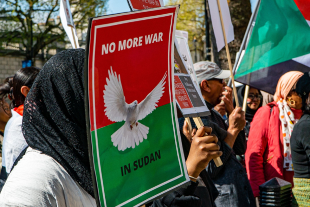 London, United Kingdom - April 29th 2023: Sudanese Protesters Outside Downing Street Protesting against the war in Sudan between the Military and the RSF.