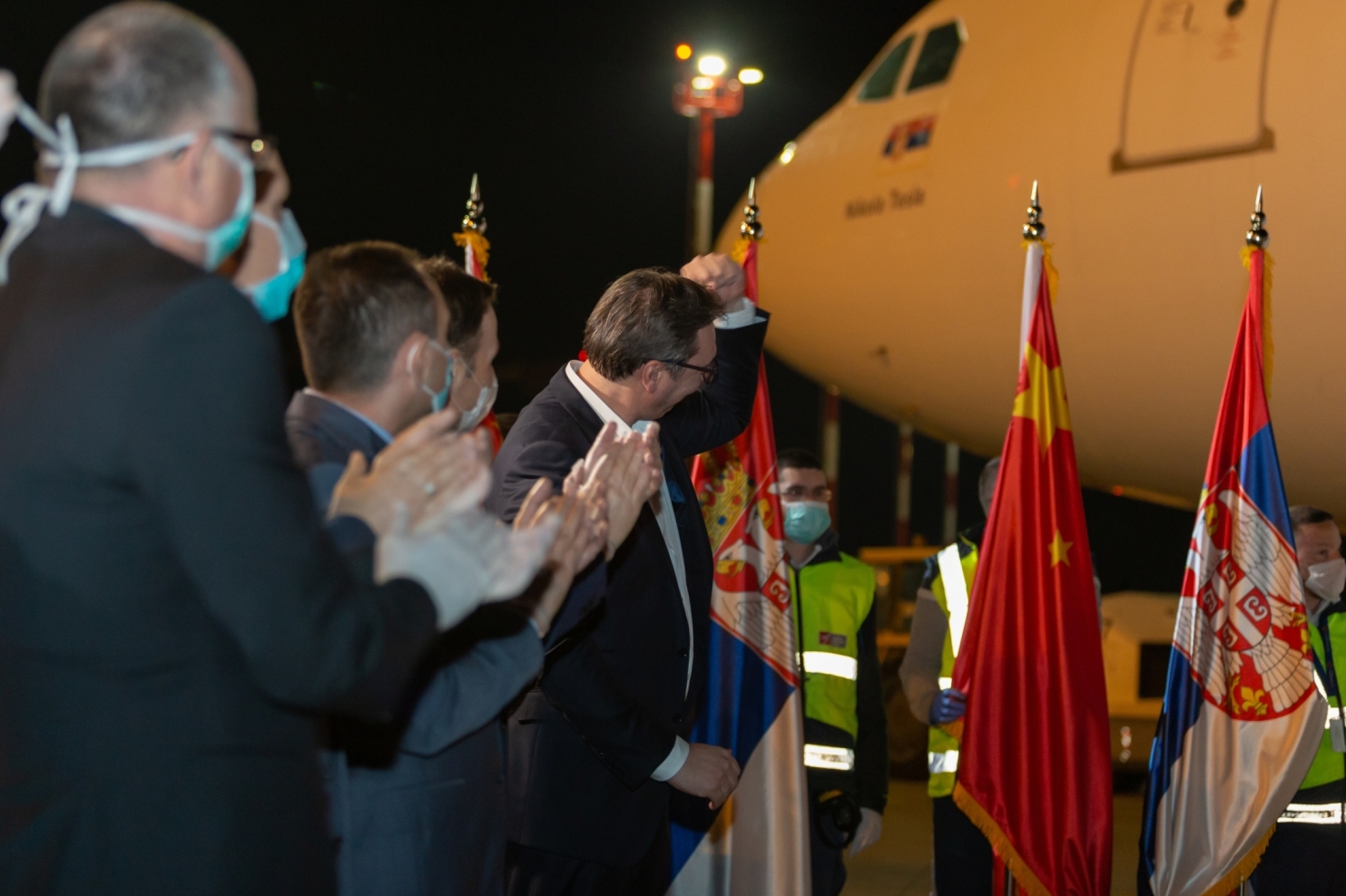 Belgrade, Serbia - March 21, 2020: Serbian president Aleksandar Vucic on belgrade airport greets for fraternal people of China and doctors