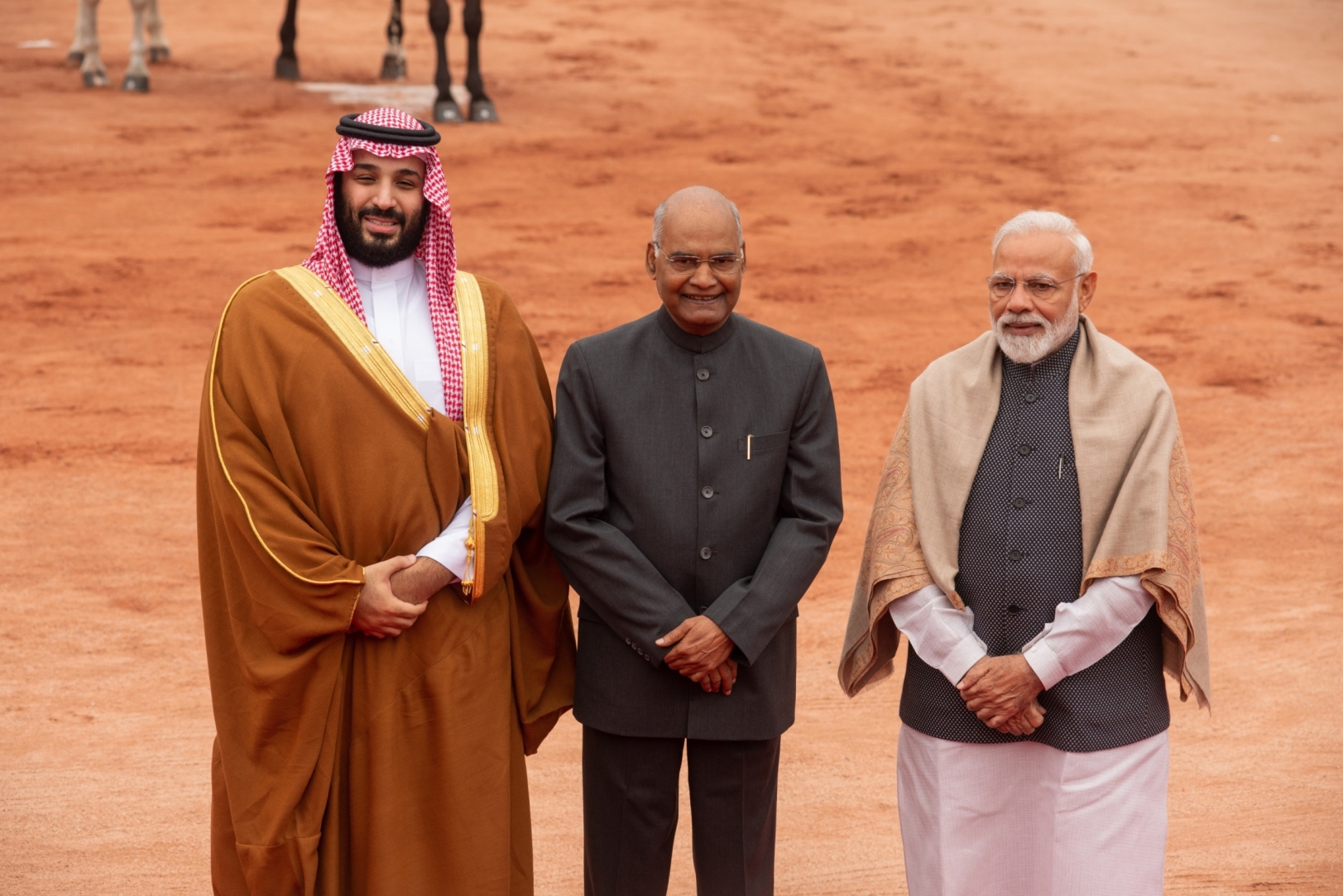 Mohammed Bin Salman, Saudi Arabia's crown prince, PM Narendra Modi and president Ram Nath Kovind at the presidential palace in New Delhi.