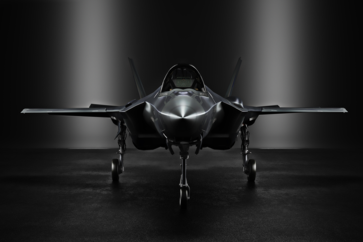 Advanced F35 secret jet in an undisclosed location with silhouette lighting.