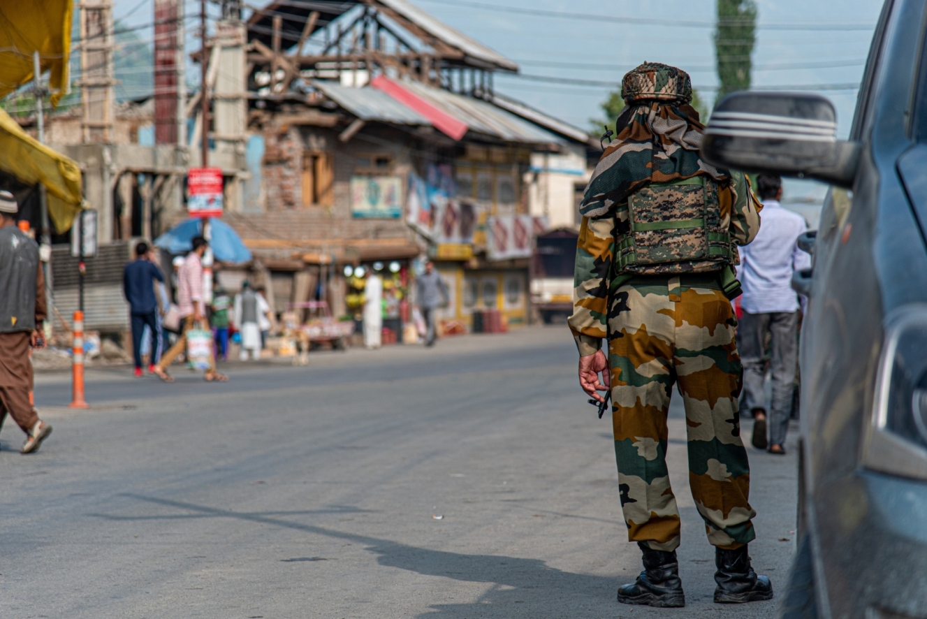 Central Reserve Police Force at the market in Srinaka, Kashmir, India.