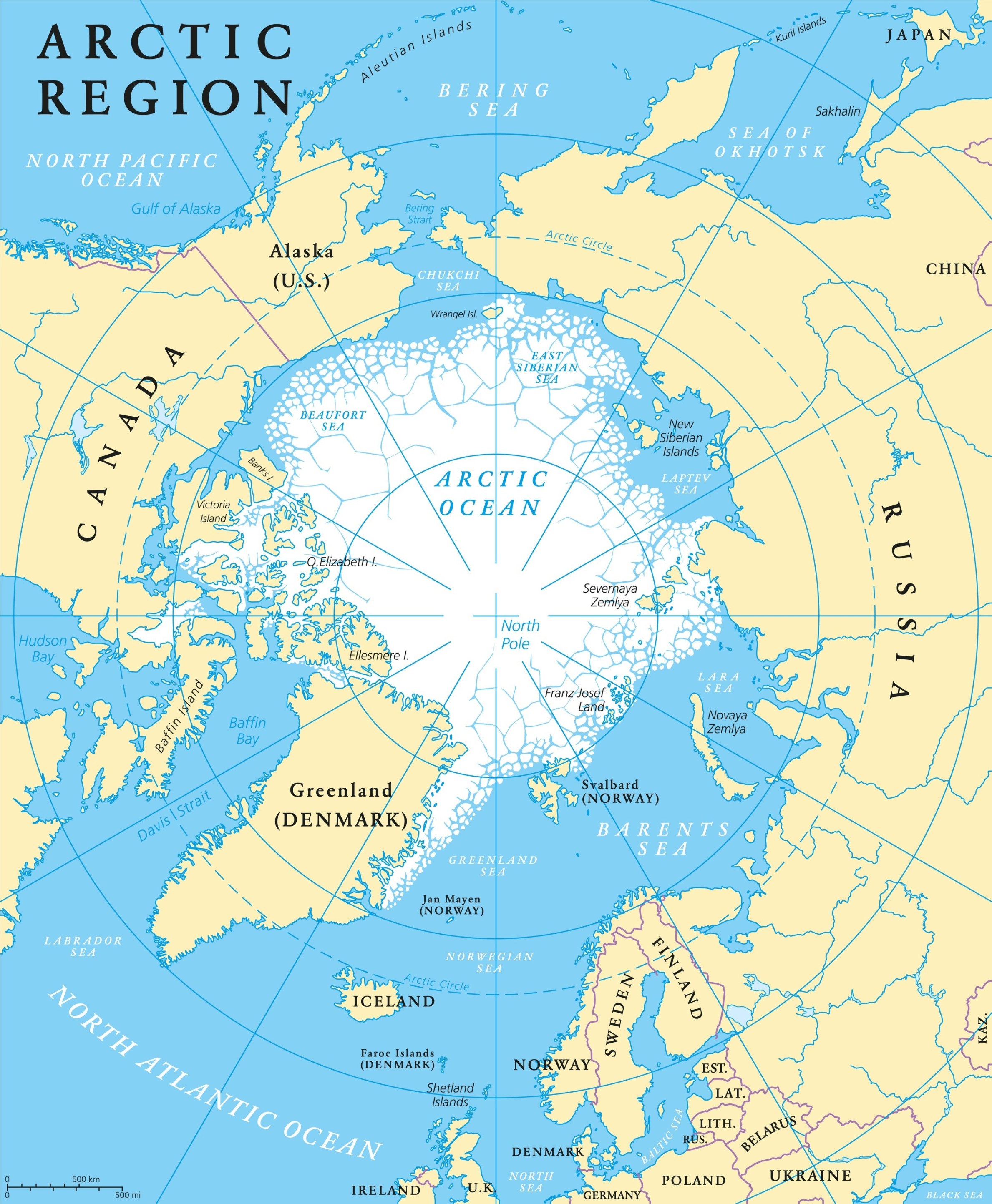 Map of the Arctic region, including countries in the Arctic and members of the Arctic Council