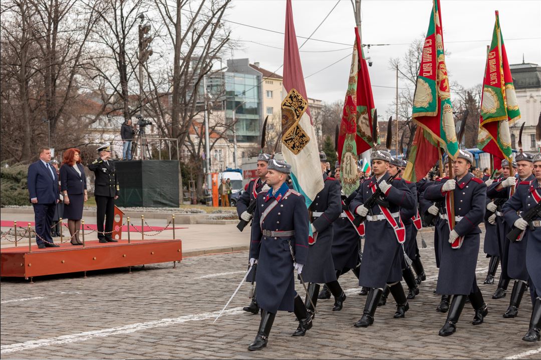 Sofia, Bulgaria - March 03, 2020: Parade marking the liberation of Bulgaria from the Ottoman yoke. Liberation Day on monument of The Unknown warrior. March 03, 2020 in Sofia, Bulgaria.
