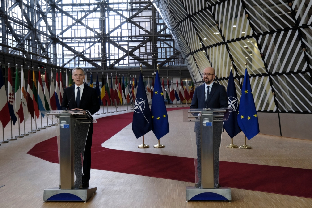 Jens Stoltenberg and Jean Michel at NATO-EU Consultations