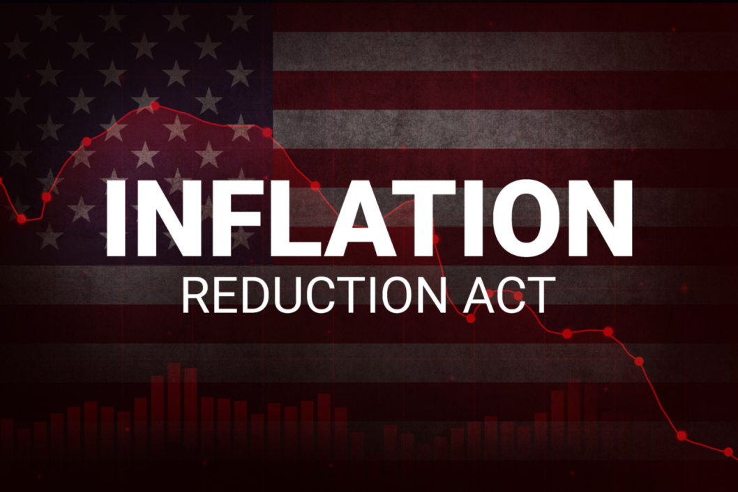 Inflation Reduction Act background with red graph and American flag in the background. United States inflation reduction backdrop.