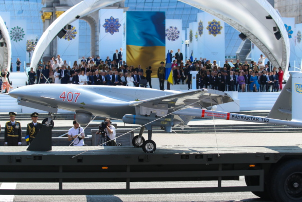 Combat military drone Bayraktar during the military parade on the occasion of the 30th anniversary of Ukraine's Independence