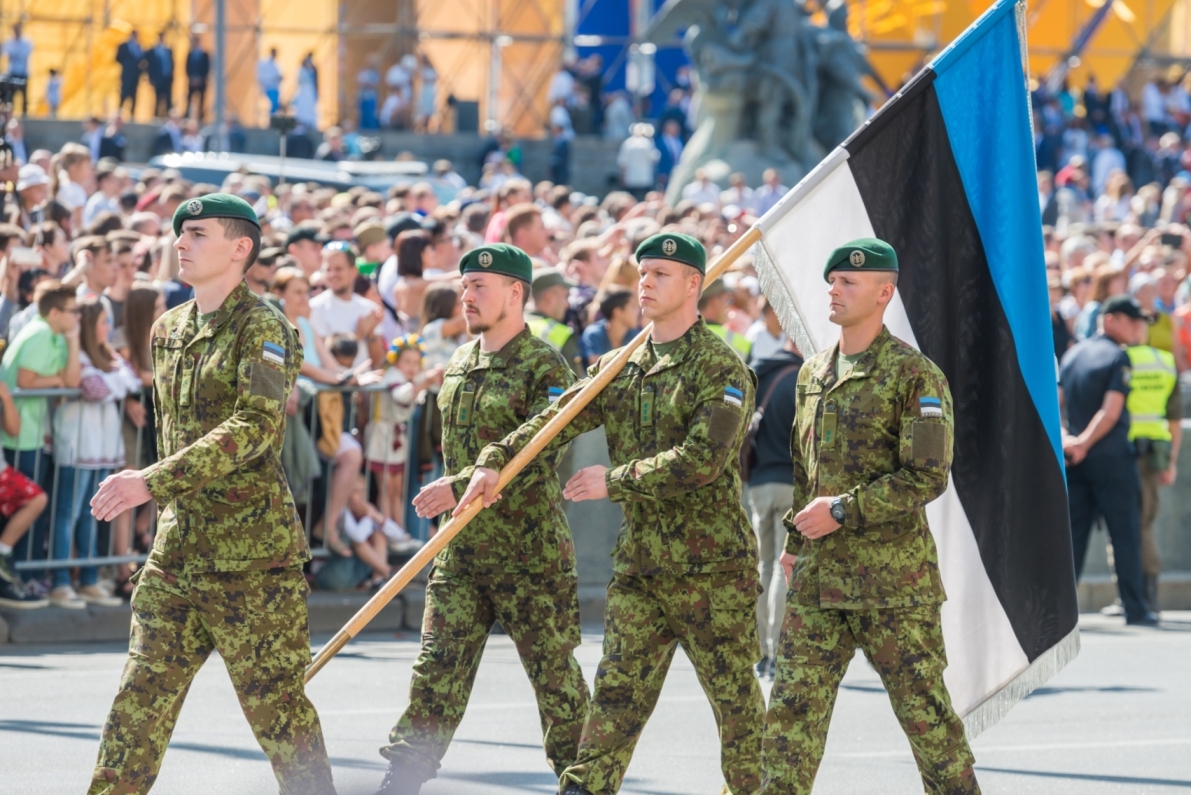 Estonian Soldiers Marching with Flag