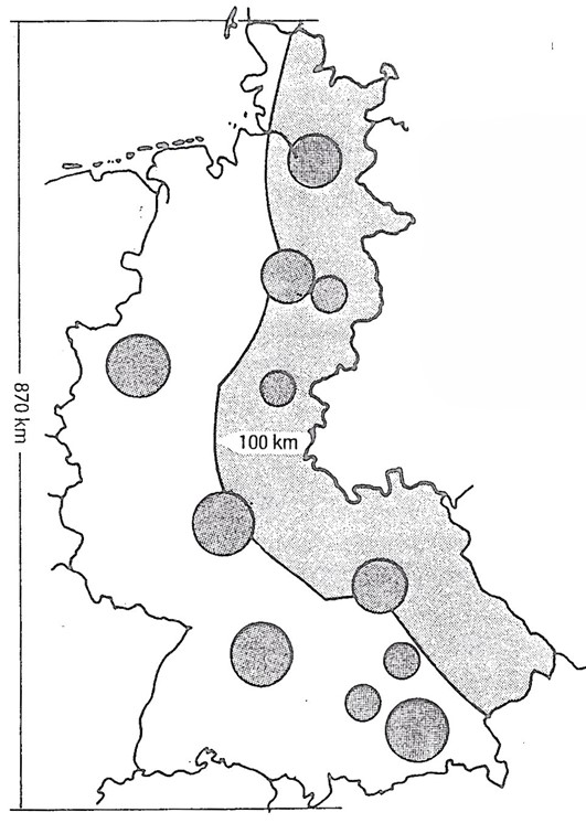 Major cities, urban terrain and industrial areas stretched between 50 and 100 km west of the Inner-German Border; Source: author.