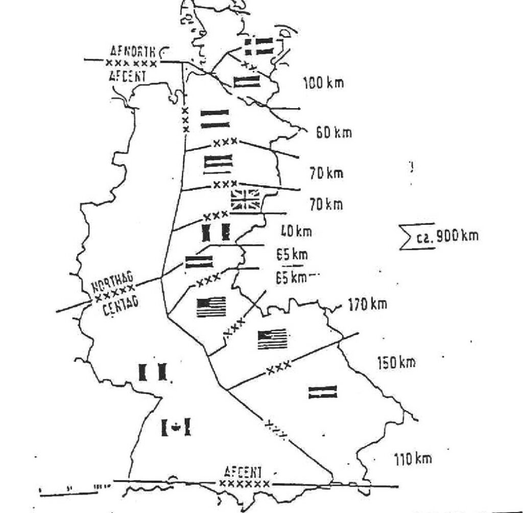 NATO Central Region – NROTHG / CENTAG and corps defence areas, called “Layer cake” with its corps-“boxes”; Source: author.