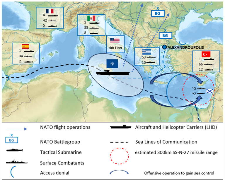 Sources: IISS,'The Military Balance,' Volume 124, No. 1 (2024).; CSIS, ‘3M-54 Kalibr/Club (SS-N-27),’ MissileThreat, https://missilethreat.csis.org/missile/ss-n-27-sizzler/, accessed on 18 August 2024; Nzeemin, ‘Relief Map of Mediterranean Sea,’ Wikipedia, 27. February 2023, https://de.wikipedia.org/wiki/Vorlage:Positionskarte_Mittelmeer#/media/Datei:Relief_Map_of_Mediterranean_Sea.png, accessed on 18 August 2024, CC BY-SA 3.0.