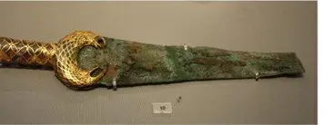 Mycenaean sword with golden and bronze handle; https://www.worldhistory.org/image/13805/bronze--gold-mycenaean-sword/.