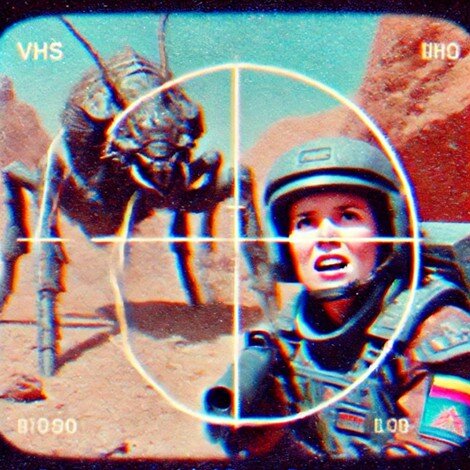 An AI-created depiction of a human soldier fighting alien Arachnids[54]