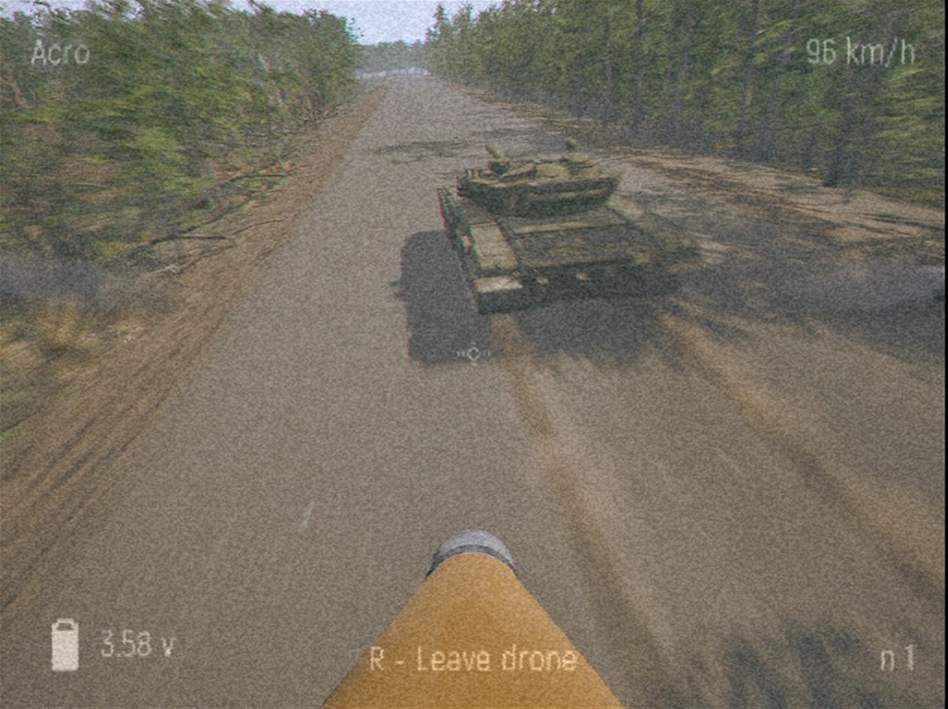 A still of footage from an FPV Kamikaze Drone Simulator.[26]
